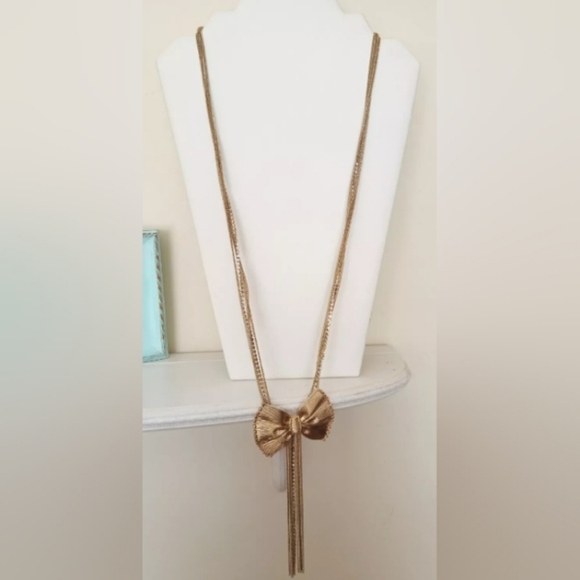 Bow Necklace w/ Rhinestones And Chain Fringe Goldtone Long 30 Inch Chain - Picture 2 of 6